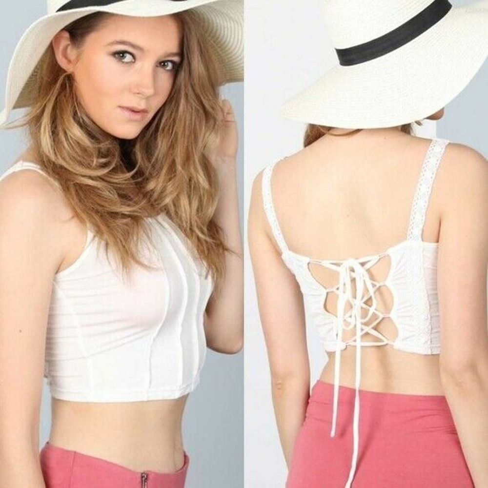 POL Cropped Cream Crop Cami Tank Top Lace Up Back - Size Large - NEW - Picture 3 of 11